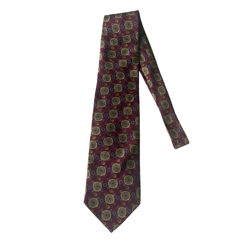 Valentino Mens‎ Silk Medallion Neck Tie Maroon Geometric Luxury Handmade Italy